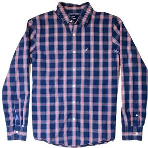 American Eagle Vintage Fit Button Down Plaid Shirt | Navy Blue & Pink | Medium